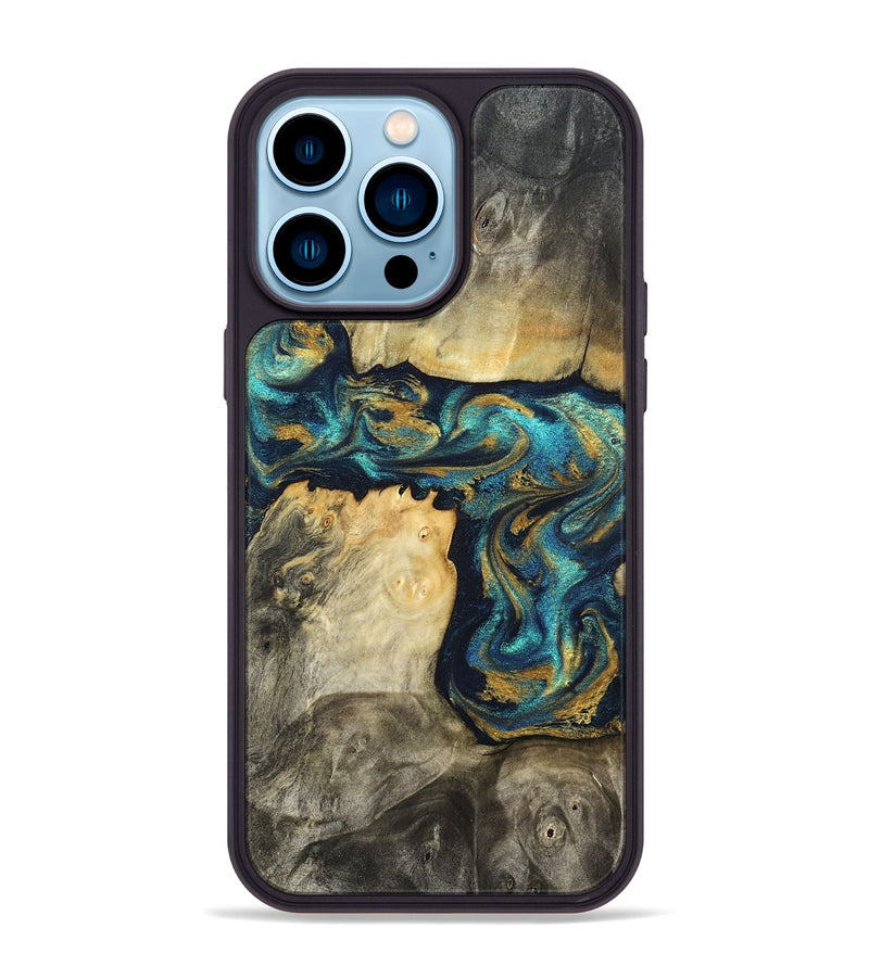 iPhone 14 Pro Max Wood Phone Case - Clare (Teal & Gold, 824568)