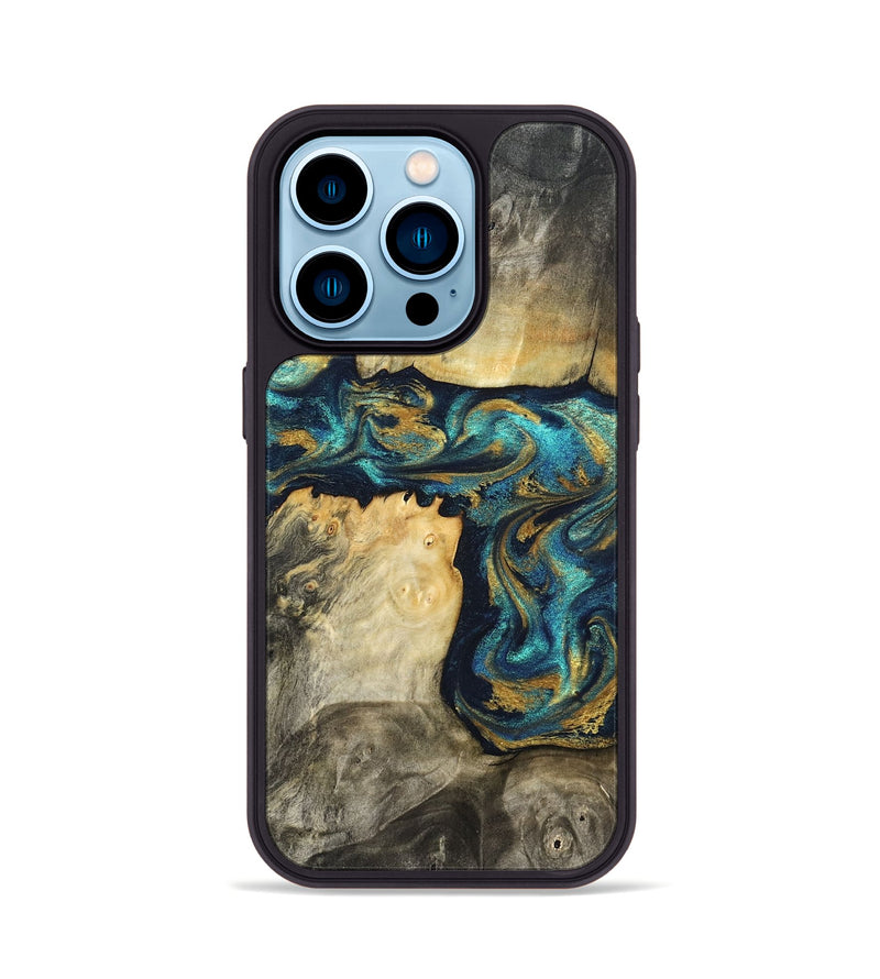 iPhone 14 Pro Wood Phone Case - Clare (Teal & Gold, 824568)
