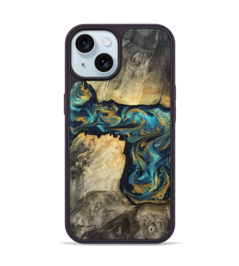 iPhone 15 Wood Phone Case - Clare (Teal & Gold, 824568)