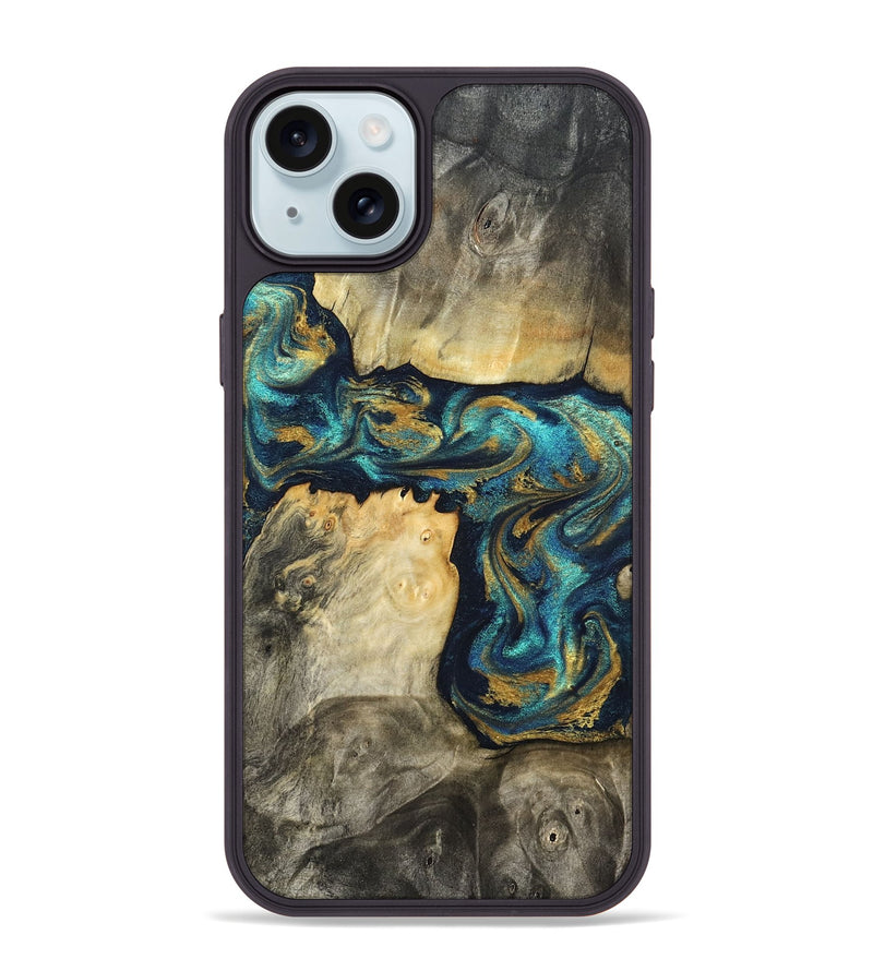 iPhone 15 Plus Wood Phone Case - Clare (Teal & Gold, 824568)