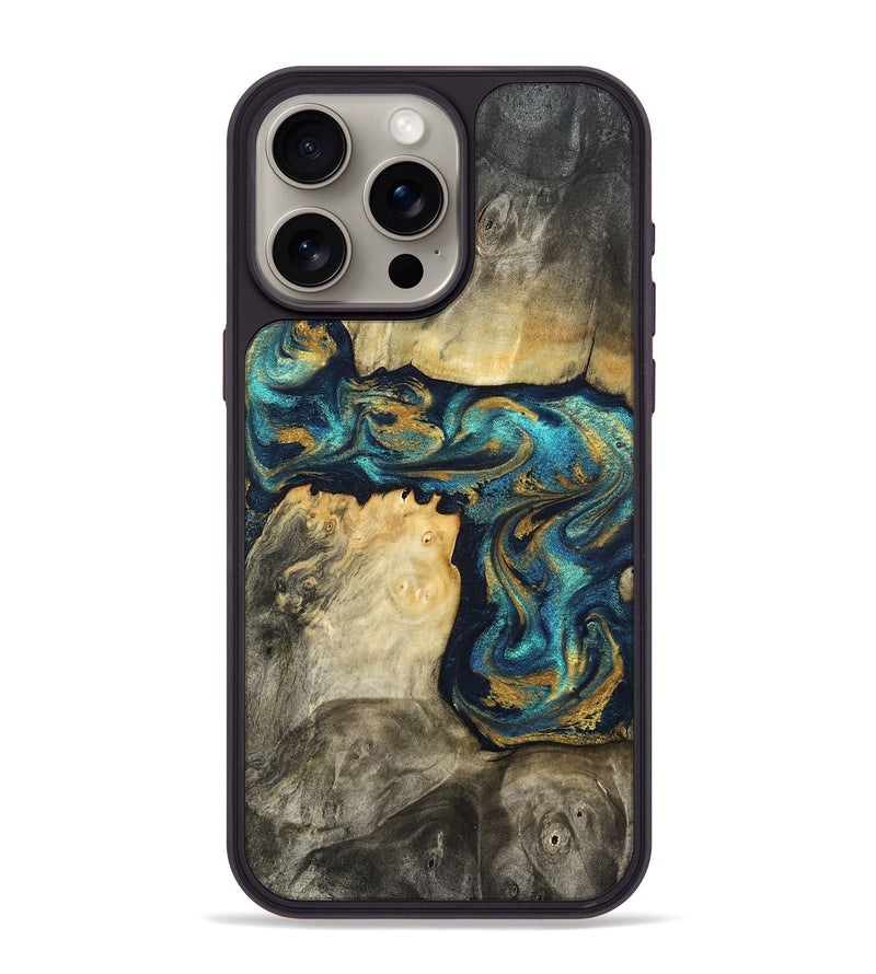 iPhone 15 Pro Max Wood Phone Case - Clare (Teal & Gold, 824568)