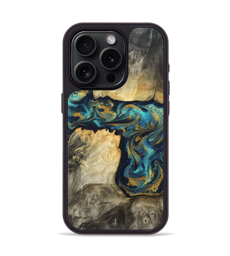 iPhone 15 Pro Wood Phone Case - Clare (Teal & Gold, 824568)