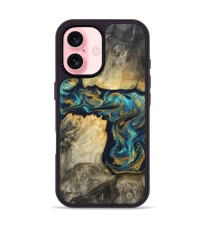 iPhone 16 Wood Phone Case - Clare (Teal & Gold, 824568)
