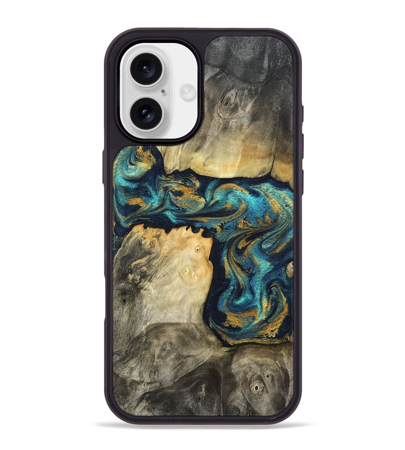 iPhone 16 Plus Wood Phone Case - Clare (Teal & Gold, 824568)