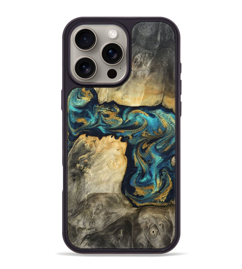 iPhone 16 Pro Max Wood Phone Case - Clare (Teal & Gold, 824568)