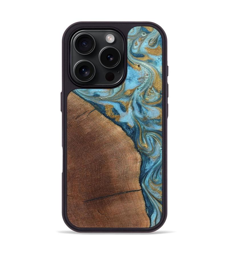 iPhone 16 Pro Wood Phone Case - Carmen (Teal & Gold, 824576)