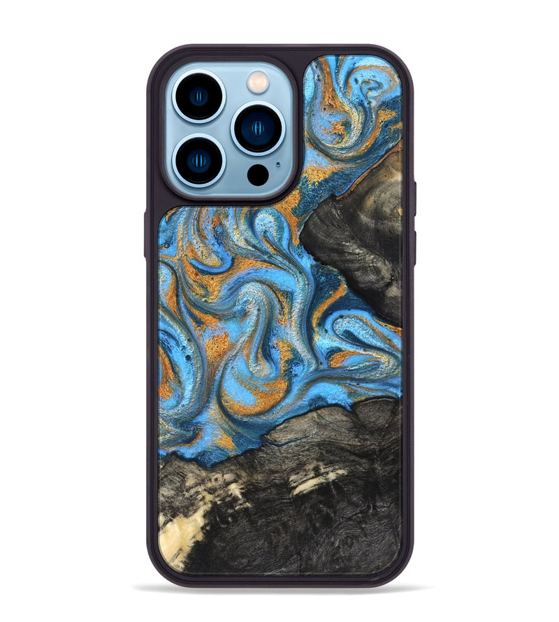 iPhone 14 Pro Max Wood Phone Case - Aimee (Teal & Gold, 824579)