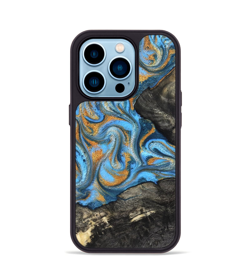iPhone 14 Pro Wood Phone Case - Aimee (Teal & Gold, 824579)