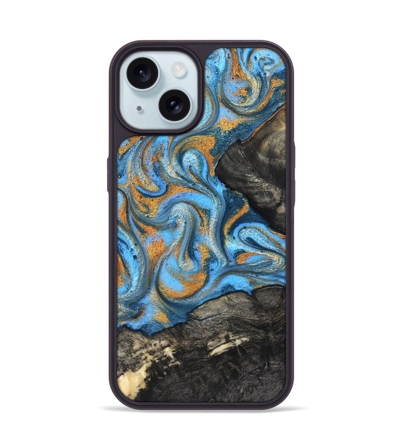 iPhone 15 Wood Phone Case - Aimee (Teal & Gold, 824579)