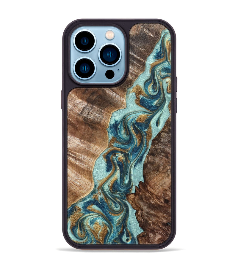 iPhone 14 Pro Max Wood Phone Case - Brisa (Teal & Gold, 824693)
