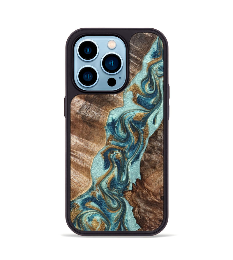 iPhone 14 Pro Wood Phone Case - Brisa (Teal & Gold, 824693)