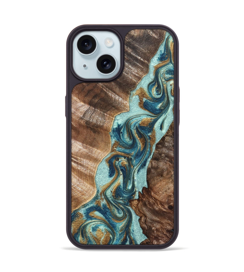 iPhone 15 Wood Phone Case - Brisa (Teal & Gold, 824693)