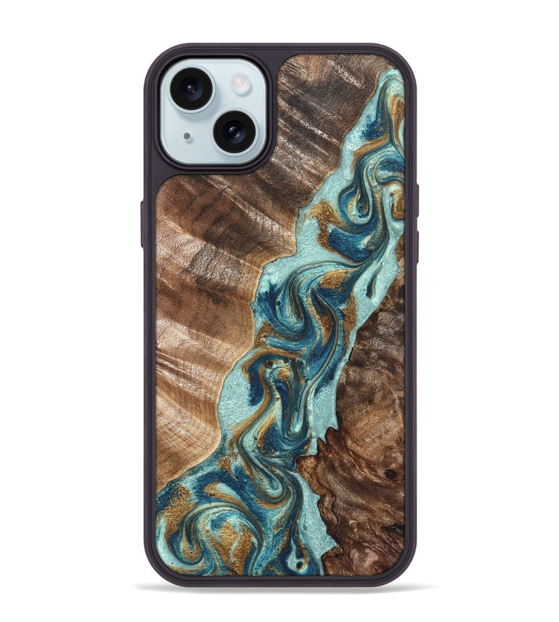 iPhone 15 Plus Wood Phone Case - Brisa (Teal & Gold, 824693)