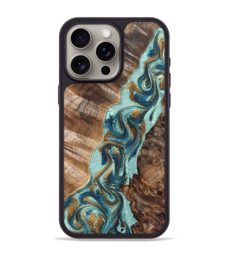 iPhone 15 Pro Max Wood Phone Case - Brisa (Teal & Gold, 824693)