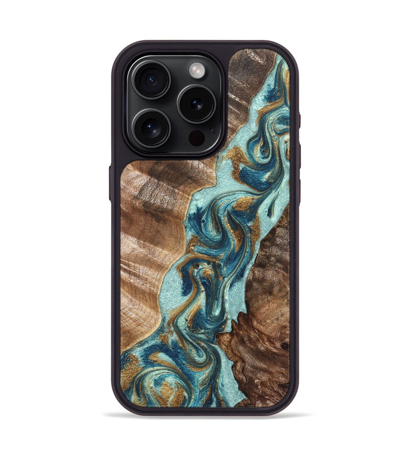 iPhone 15 Pro Wood Phone Case - Brisa (Teal & Gold, 824693)