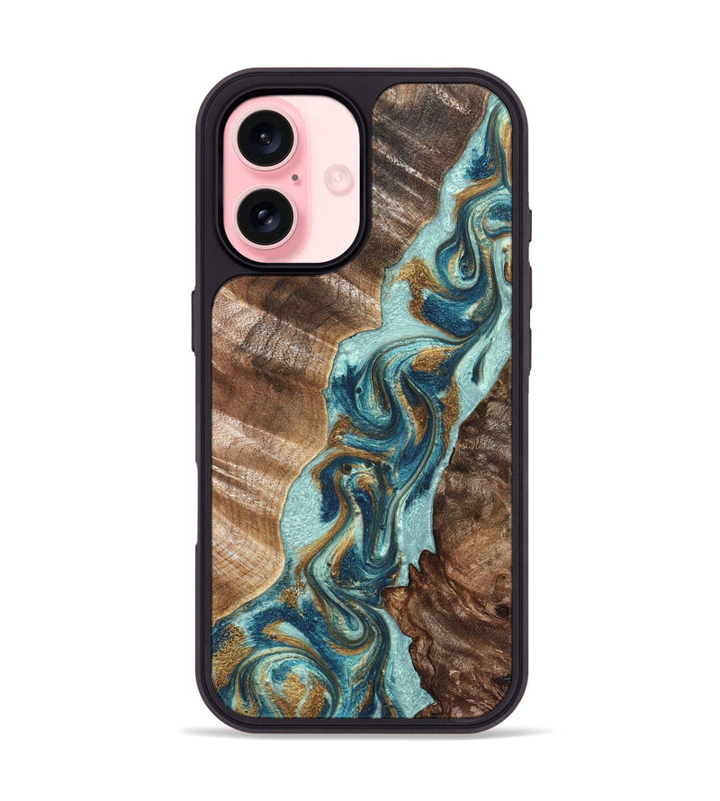 iPhone 16 Wood Phone Case - Brisa (Teal & Gold, 824693)