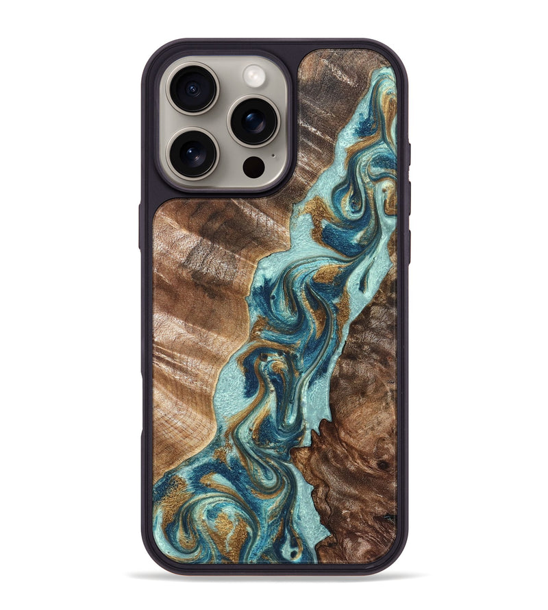iPhone 16 Pro Max Wood Phone Case - Brisa (Teal & Gold, 824693)