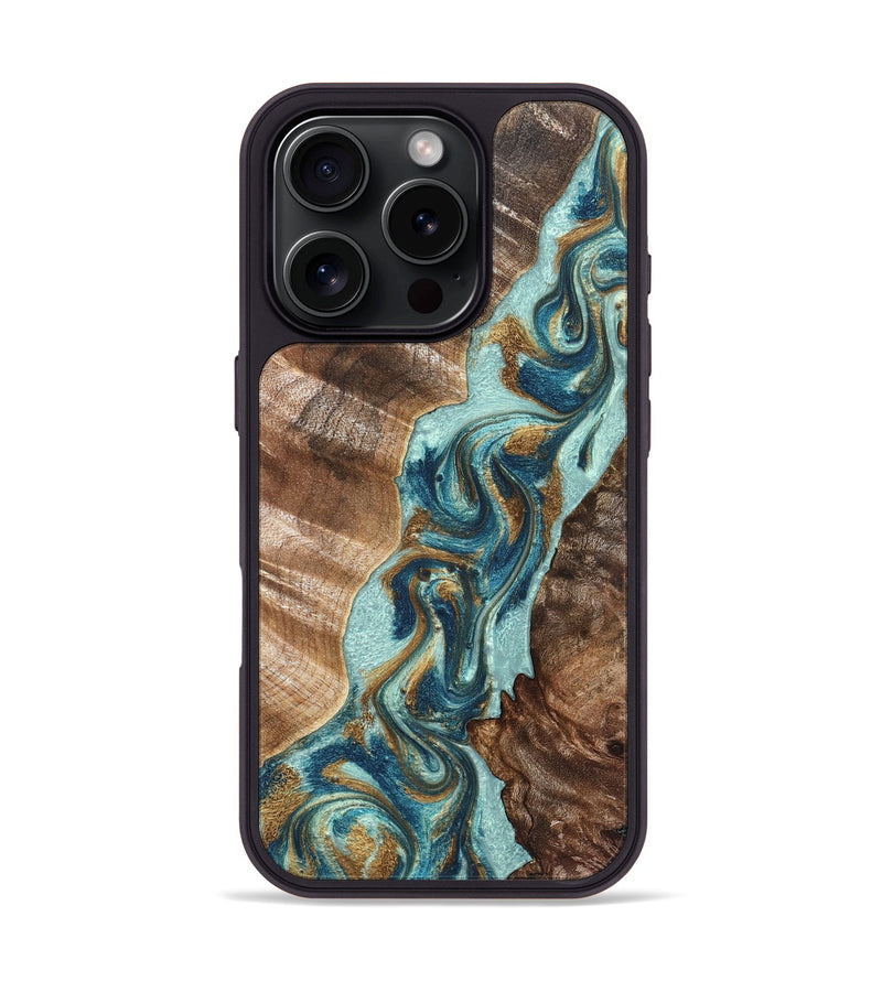 iPhone 16 Pro Wood Phone Case - Brisa (Teal & Gold, 824693)