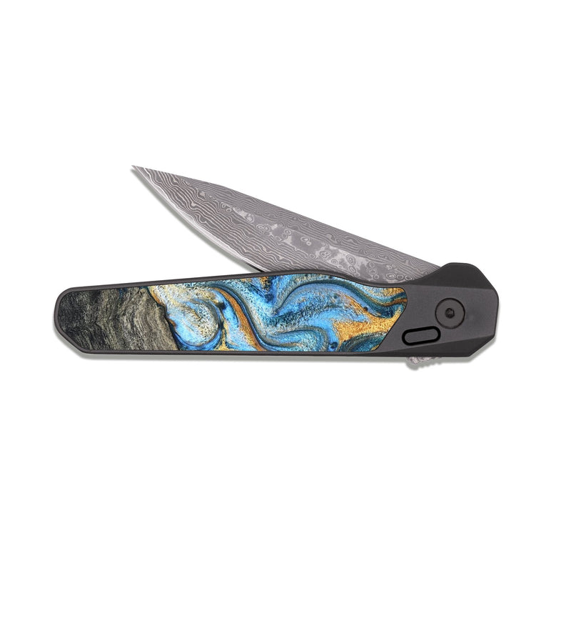 EDC Dark Damascus Wood Pocket Knife - Kurt (Teal & Gold, 824897)
