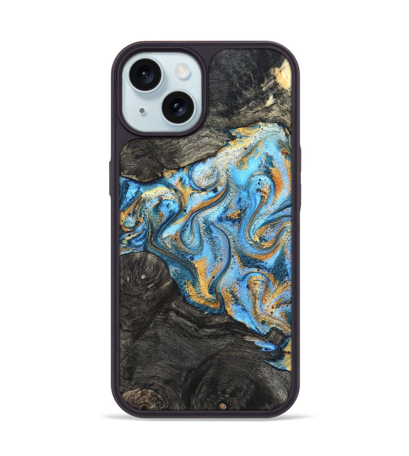 iPhone 15 Wood Phone Case - Kurt (Teal & Gold, 824897)