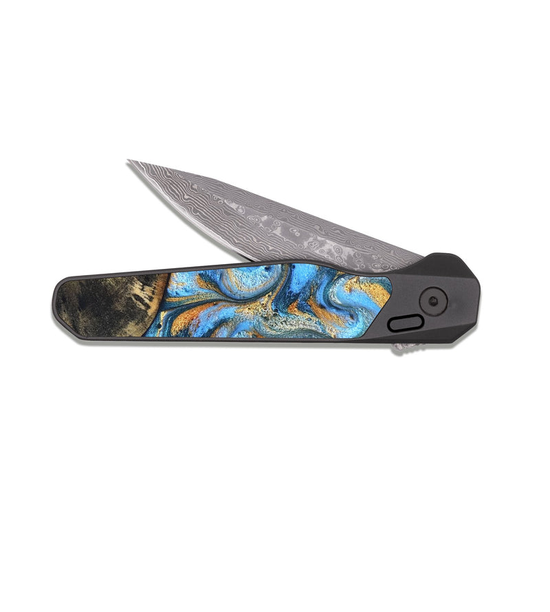 EDC Dark Damascus Wood Pocket Knife - Orpha (Teal & Gold, 824899)