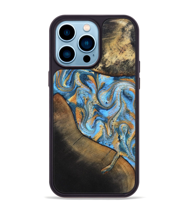iPhone 14 Pro Max Wood Phone Case - Orpha (Teal & Gold, 824899)