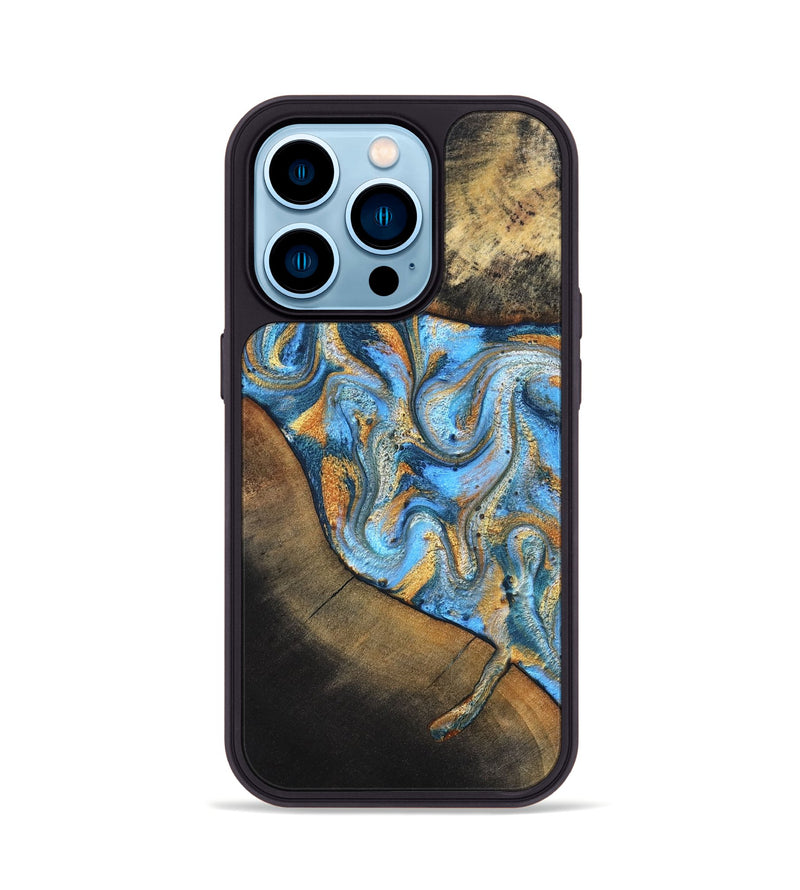 iPhone 14 Pro Wood Phone Case - Orpha (Teal & Gold, 824899)