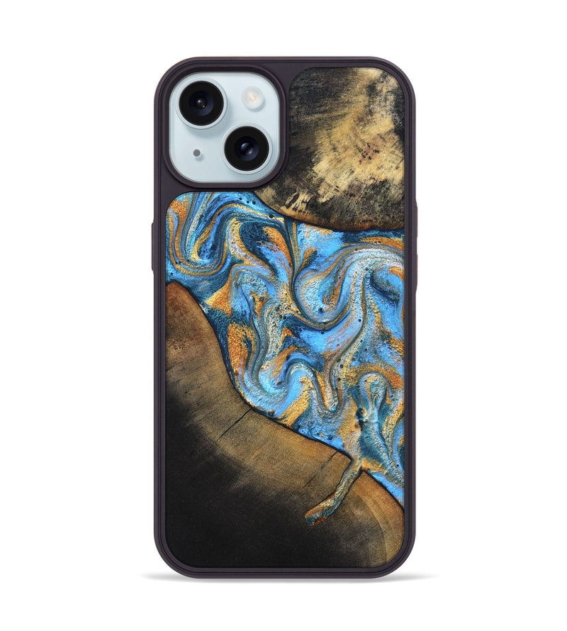 iPhone 15 Wood Phone Case - Orpha (Teal & Gold, 824899)