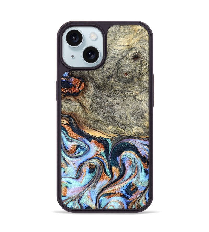 iPhone 15 Wood Phone Case - Nichole (Teal & Gold, 824900)