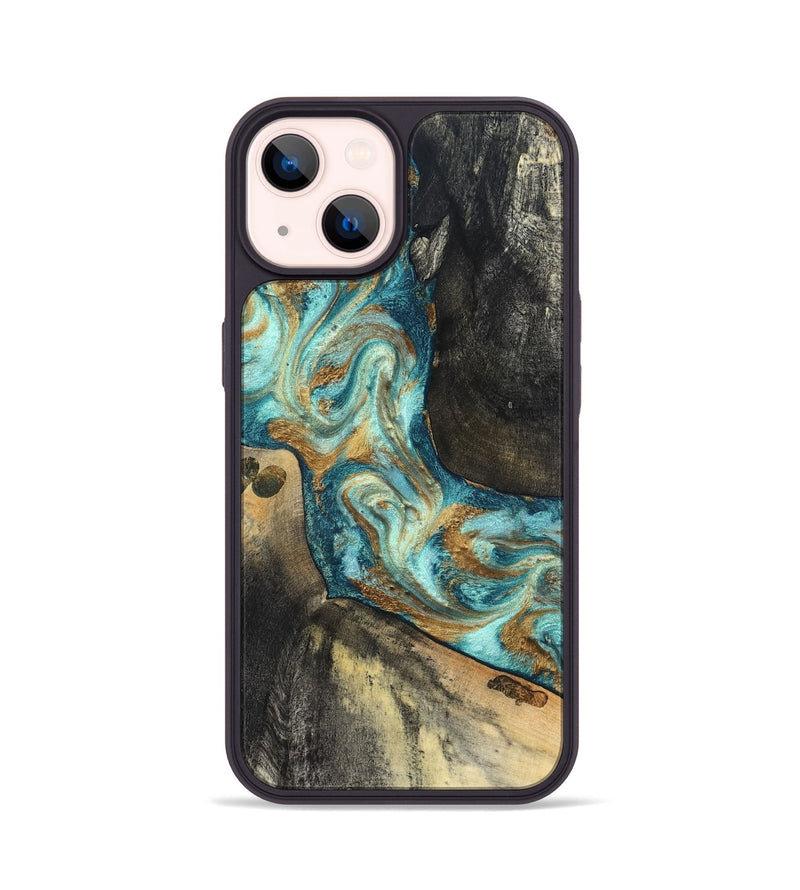 iPhone 14 Wood Phone Case - Unknown (Teal & Gold, 824901)