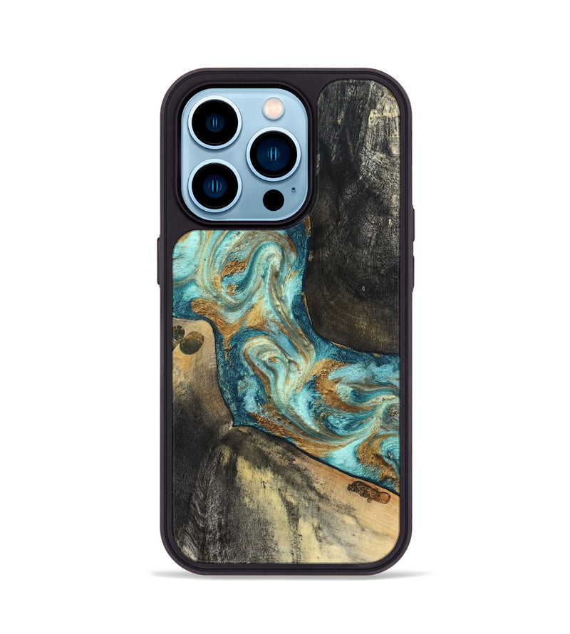 iPhone 14 Pro Wood Phone Case - Unknown (Teal & Gold, 824901)