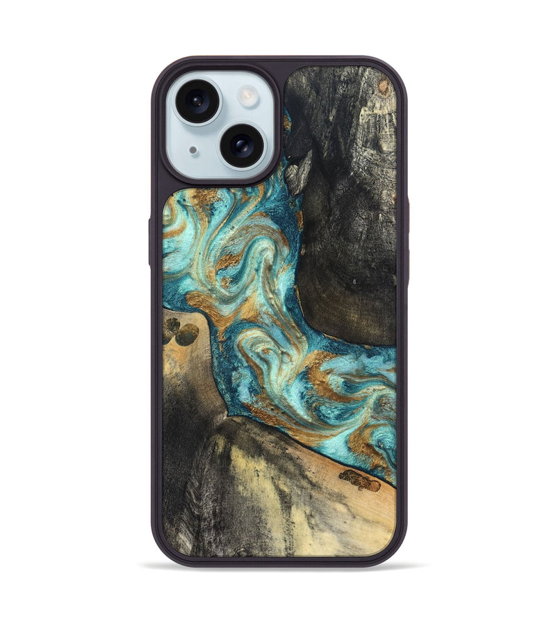 iPhone 15 Wood Phone Case - Unknown (Teal & Gold, 824901)