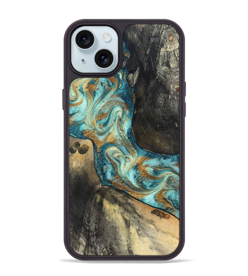 iPhone 15 Plus Wood Phone Case - Unknown (Teal & Gold, 824901)