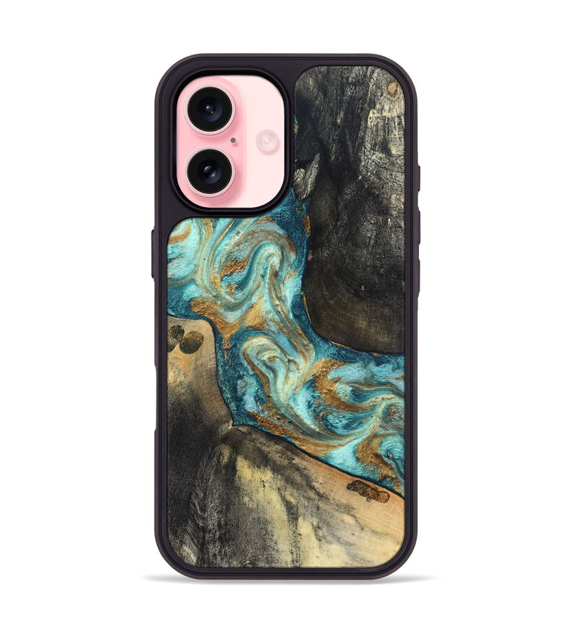 iPhone 16 Wood Phone Case - Unknown (Teal & Gold, 824901)