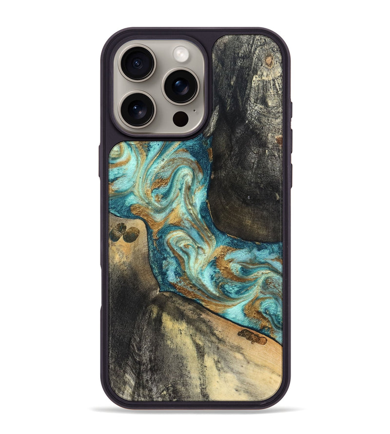 iPhone 16 Pro Max Wood Phone Case - Unknown (Teal & Gold, 824901)