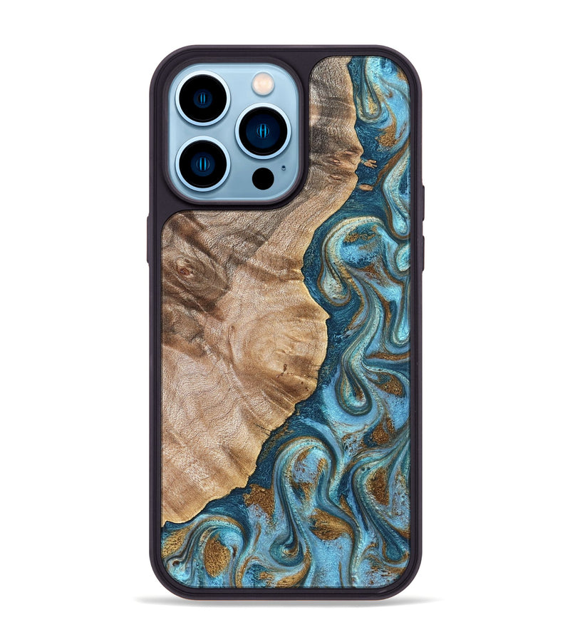 iPhone 14 Pro Max Wood Phone Case - Mavis (Teal & Gold, 824903)