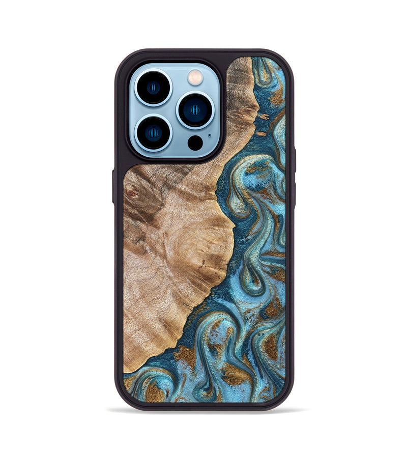 iPhone 14 Pro Wood Phone Case - Mavis (Teal & Gold, 824903)