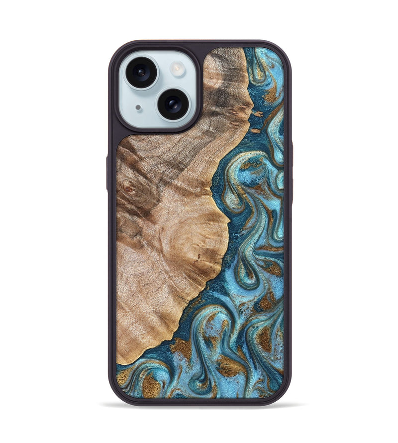 iPhone 15 Wood Phone Case - Mavis (Teal & Gold, 824903)