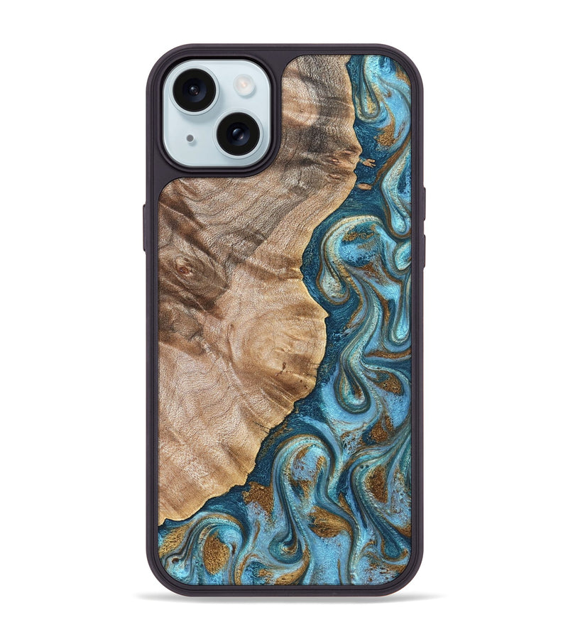 iPhone 15 Plus Wood Phone Case - Mavis (Teal & Gold, 824903)