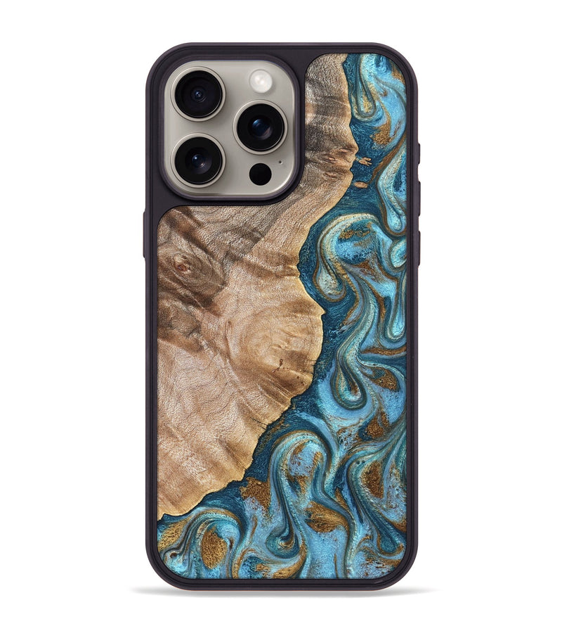 iPhone 15 Pro Max Wood Phone Case - Mavis (Teal & Gold, 824903)