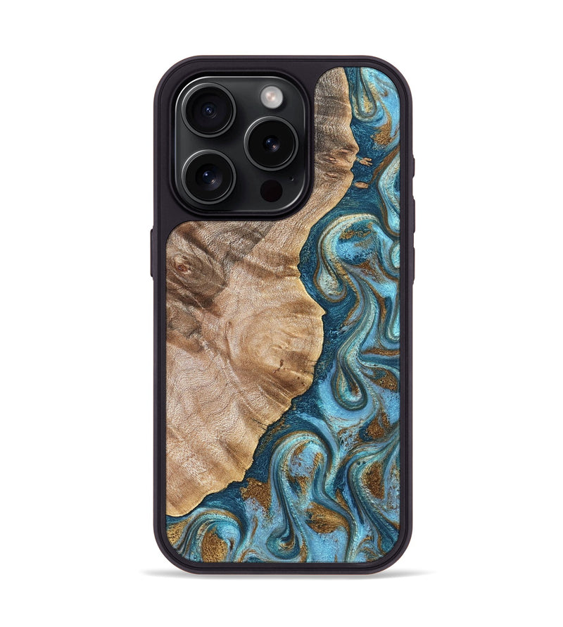 iPhone 15 Pro Wood Phone Case - Mavis (Teal & Gold, 824903)