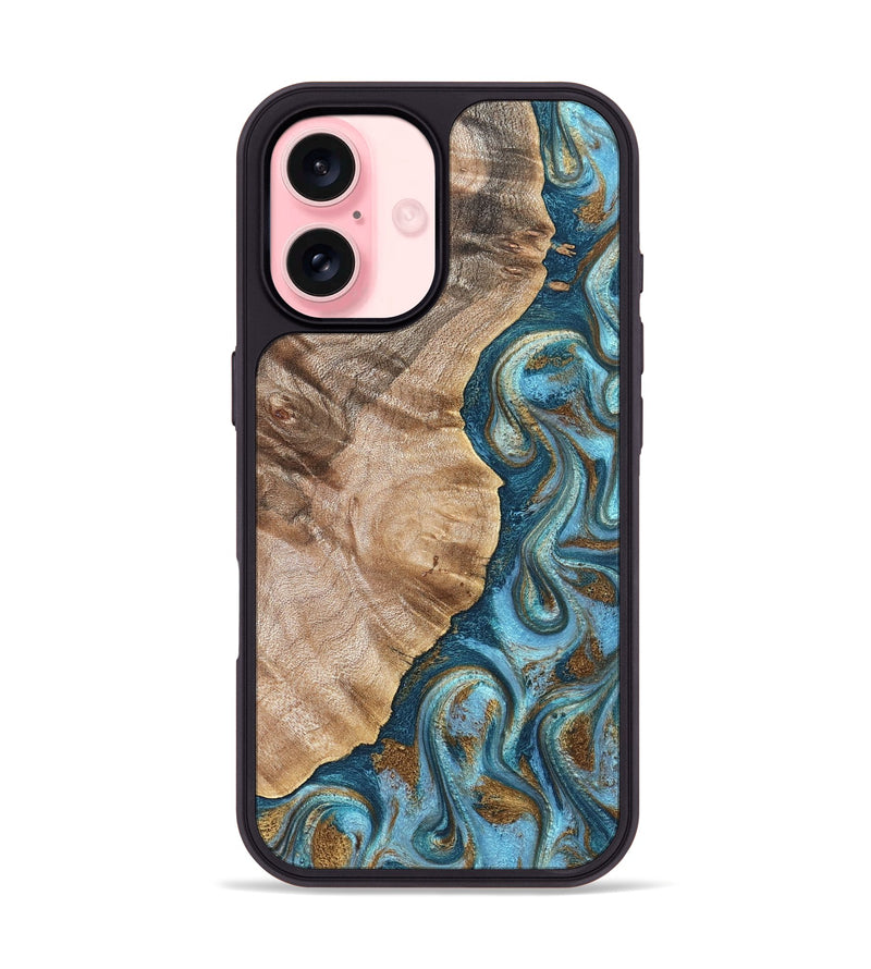 iPhone 16 Wood Phone Case - Mavis (Teal & Gold, 824903)