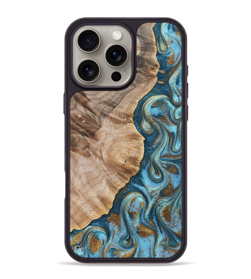 iPhone 16 Pro Max Wood Phone Case - Mavis (Teal & Gold, 824903)