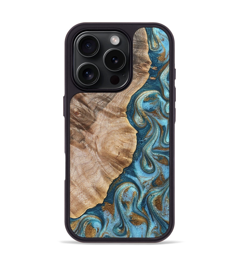 iPhone 16 Pro Wood Phone Case - Mavis (Teal & Gold, 824903)