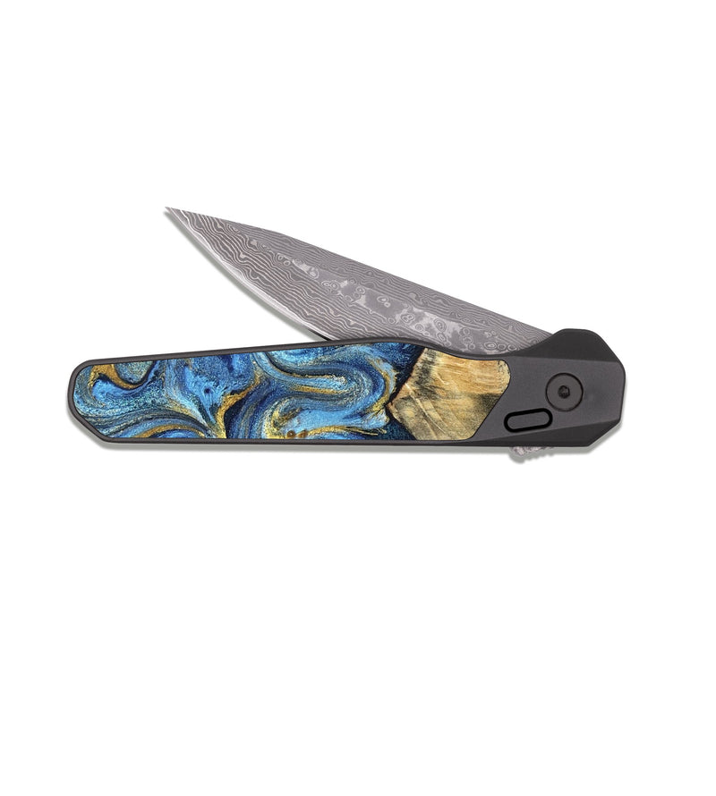 EDC Dark Damascus Wood Pocket Knife - Kristyn (Teal & Gold, 824924)