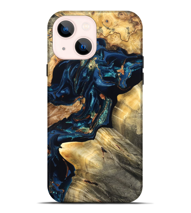 iPhone 14 Plus Wood Live Edge Phone Case - Manuela (Teal & Gold, 824980)