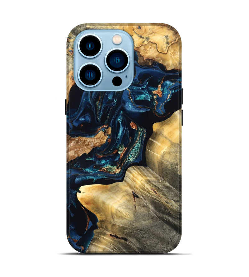 iPhone 14 Pro Wood Live Edge Phone Case - Manuela (Teal & Gold, 824980)