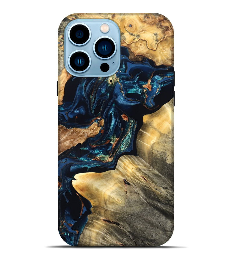 iPhone 14 Pro Max Wood Live Edge Phone Case - Manuela (Teal & Gold, 824980)