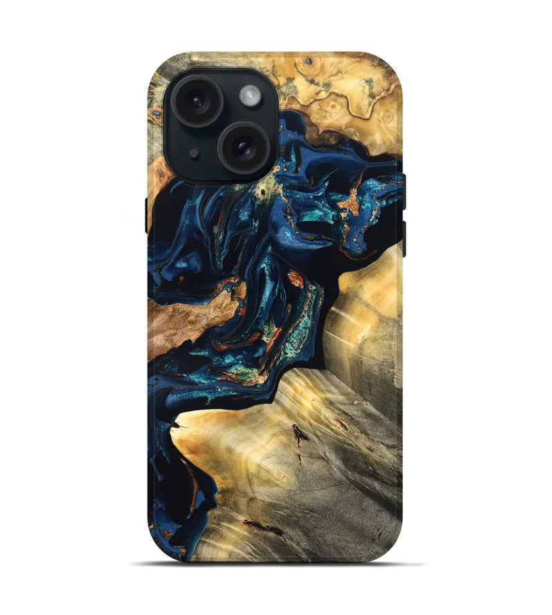 iPhone 15 Wood Live Edge Phone Case - Manuela (Teal & Gold, 824980)
