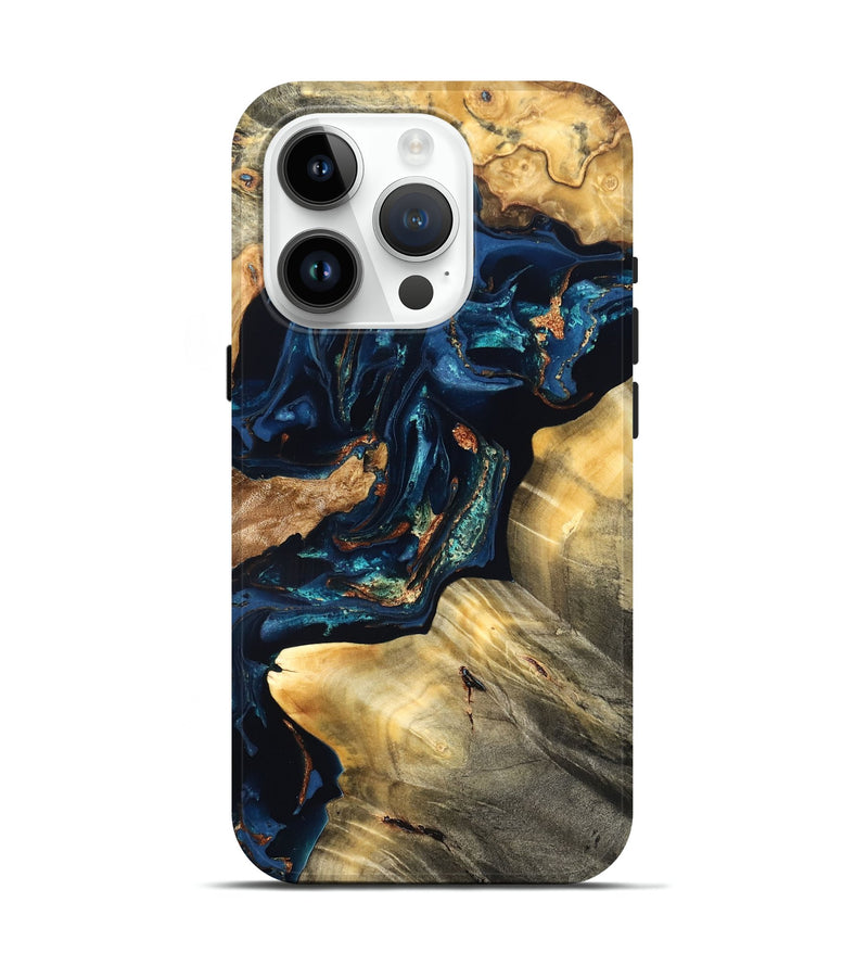iPhone 15 Pro Wood Live Edge Phone Case - Manuela (Teal & Gold, 824980)